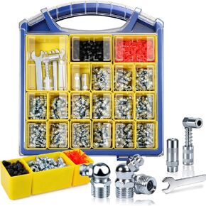 Grease Fittings Assortment Kit with DlY Tool Storage Box Organizer, 450PCS SAE & Metric Grease Zerk (Straight/45°/90°) with Standard & 90° Couplers, Dust Caps & 7-11mm Wrench Set for Grease Gun in Kuwait