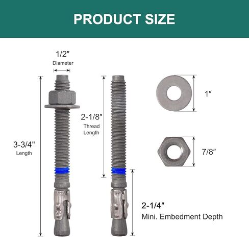 1/2" x 3-3/4" Concrete Anchors (50 Pack) Wedge Anchors Bolts, Hot Dip Galvanized in Kuwait