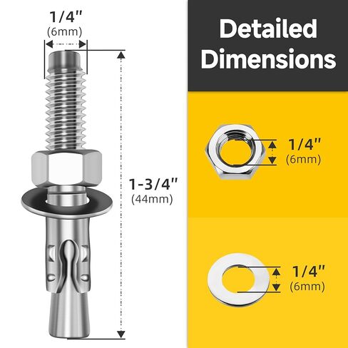 Mywish 1/4 x 1-3/4 Inch Wedge Anchors, 10Pcs 304 Stainless Steel Industrial 1/4 Heavy Duty Industrial Masonry Wdege Anchor Bolts for Brick Cement and Concrete, Bright Finish in Saudi Arabia