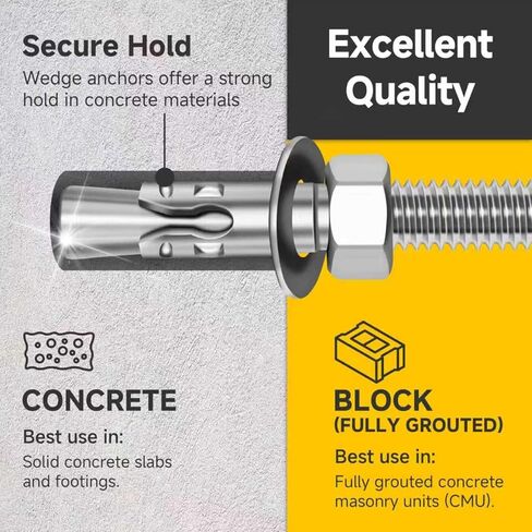 Mywish 1/4 x 1-3/4 Inch Wedge Anchors, 10Pcs 304 Stainless Steel Industrial 1/4 Heavy Duty Industrial Masonry Wdege Anchor Bolts for Brick Cement and Concrete, Bright Finish in Saudi Arabia