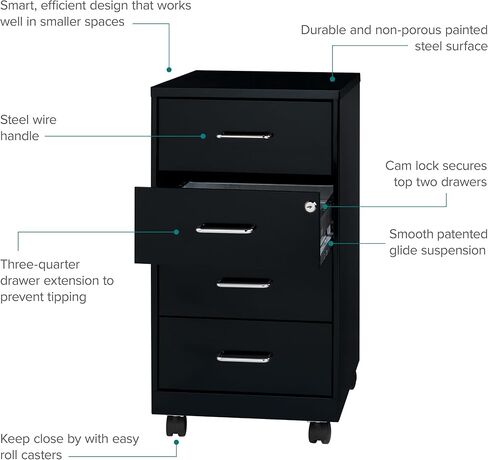 Hirsh Industries Space Solutions 18 "Deep 4 Drawer Metal Mobile Organizer Black in Kuwait