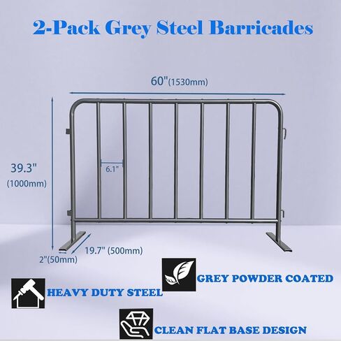 2-Pack 5 Feet Steel Crowd Control Barricades 60" W x 39" H Each, Bolt-Assembled, Flat Feet Portable Interlocking Barrier, Heavy Duty Steel Barricade Indoor/Outdoor (Grey) in Kuwait