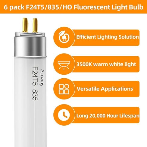 6 عبوات من مصابيح الفلورسنت F24T5/835/HO، أنبوب خطي T5 مقاس 22 بوصة، 24 وات 3500 ك، دافئ ناعم، خرج عالي 1800 لومن، 86 CRI، قاعدة G5 Mini Bi-Pi in Kuwait