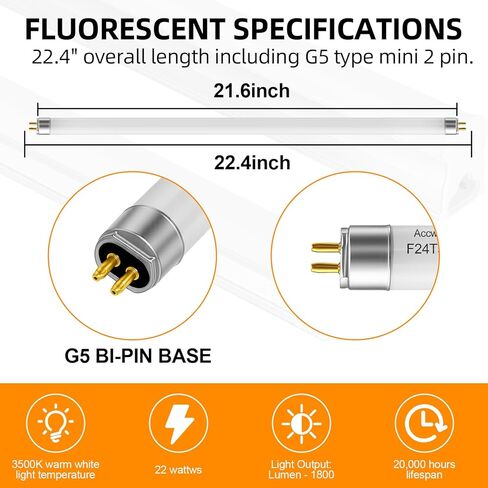 6 عبوات من مصابيح الفلورسنت F24T5/835/HO، أنبوب خطي T5 مقاس 22 بوصة، 24 وات 3500 ك، دافئ ناعم، خرج عالي 1800 لومن، 86 CRI، قاعدة G5 Mini Bi-Pi in Kuwait