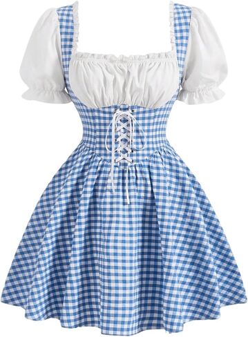 WDIRARA Women's Gingham Dress Puff Sleeve Lace Up Corset Flared Dress Vintage Cottagecore Square Neck Dresses in Saudi Arabia