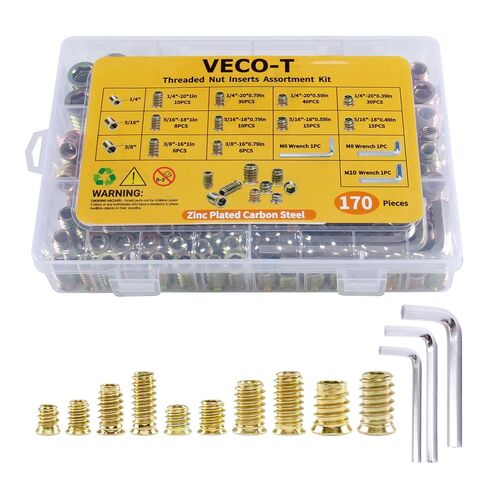 170 PCS Threaded Inserts for Wood Assortment Kit - 10 Sizes (1/4"-20, 5/16"-18, 3/8"-16) with M6/M8/M10 Hex Wrenches - Steel Inserts for Furniture Screws, Wood Furniture & Cabinet in Kuwait