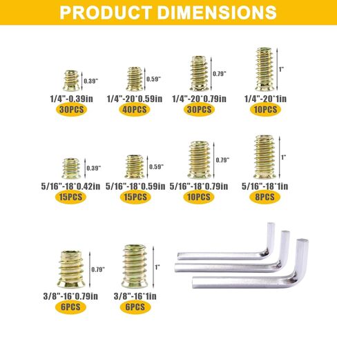 170 PCS Threaded Inserts for Wood Assortment Kit - 10 Sizes (1/4"-20, 5/16"-18, 3/8"-16) with M6/M8/M10 Hex Wrenches - Steel Inserts for Furniture Screws, Wood Furniture & Cabinet in Kuwait