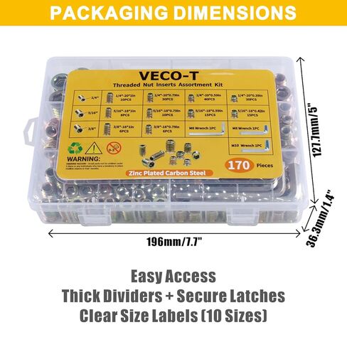 170 PCS Threaded Inserts for Wood Assortment Kit - 10 Sizes (1/4"-20, 5/16"-18, 3/8"-16) with M6/M8/M10 Hex Wrenches - Steel Inserts for Furniture Screws, Wood Furniture & Cabinet in Kuwait