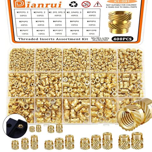 Dianrui 400 PCS Heat Set Inserts, M2/ M2.5/ M3/ M4/ M5/ M6 Threaded Inserts, Brass Metric knurled Nuts Assortment Kit, M3 Threaded Insert for Plastic/ 3D Printer Accessories in Saudi Arabia