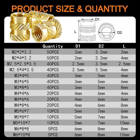 Dianrui 400 PCS Heat Set Inserts, M2/ M2.5/ M3/ M4/ M5/ M6 Threaded Inserts, Brass Metric knurled Nuts Assortment Kit, M3 Threaded Insert for Plastic/ 3D Printer Accessories in Saudi Arabia