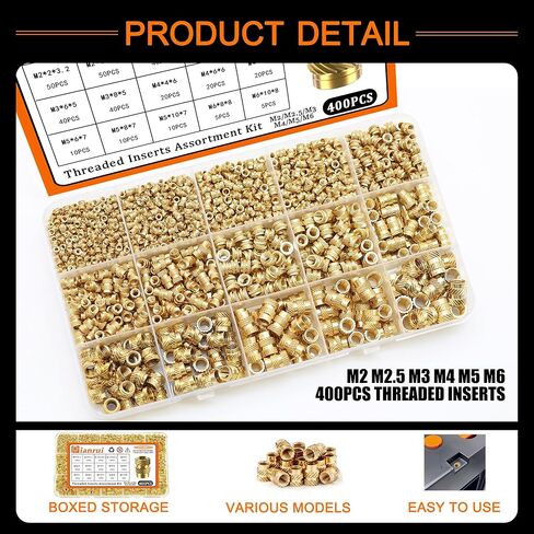 Dianrui 400 PCS Heat Set Inserts, M2/ M2.5/ M3/ M4/ M5/ M6 Threaded Inserts, Brass Metric knurled Nuts Assortment Kit, M3 Threaded Insert for Plastic/ 3D Printer Accessories in Saudi Arabia