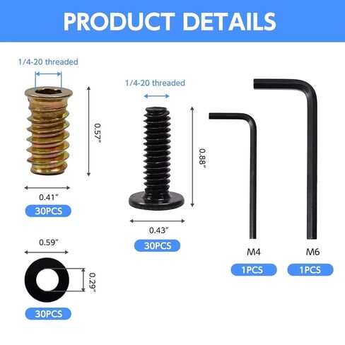 30 Sets 1/4-20 Threaded Inserts for Wood with Screws & Washers - Wood Threaded Insert Kit Includes Furniture Screws, Nuts, 2 Hex Keys for Woodworking & DIY Projects in Saudi Arabia