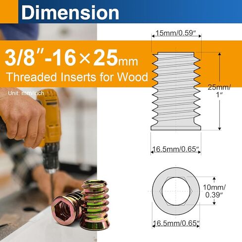 3/8"-16 × 25 مم إدراجات مترابطة للخشب، صواميل إدراج محرك سداسي لإصلاح الأثاث، 12 عبوة in Kuwait