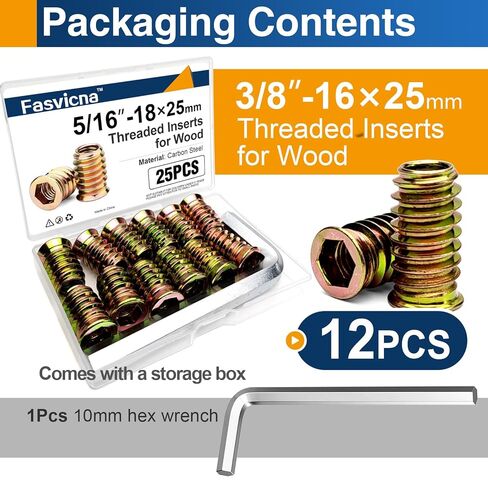 3/8"-16 × 25 مم إدراجات مترابطة للخشب، صواميل إدراج محرك سداسي لإصلاح الأثاث، 12 عبوة in Kuwait