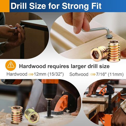3/8"-16 × 25 مم إدراجات مترابطة للخشب، صواميل إدراج محرك سداسي لإصلاح الأثاث، 12 عبوة in Kuwait