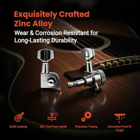 Guitar Locking Tuners 6 Inline,Lock String Tuning Key Pegs,guitar machine heads with Hexagonal Handle Replacement for ST TL LP Style Electric,Folk or Acoustic Guitars (Gold, 3 Left +3 Right) in Kuwait