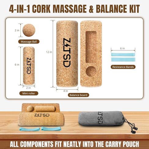 Natural Cork Balance Board Kit - 4-in-1 Foot & Ankle Strengthener with Half-Cylinder Boards, Mini Roller, Massage Ball & Toe Resistance Bands - Portable Balance Trainer for Home, Office & Gym in Saudi Arabia