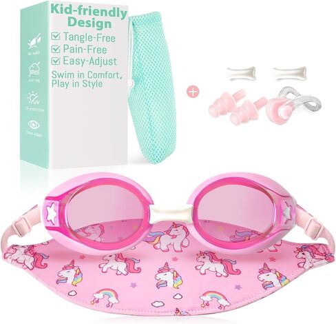 Pixel Panda Kids Swim Goggles with Fabric Strap for 3-14, Swim Pool Goggles for Boy Girls Toddler, No Hair Pulling in Kuwait
