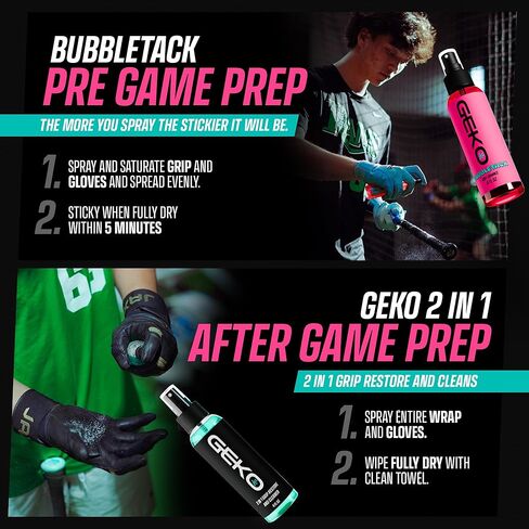 Geko Bubbletack Baseball and Softball Grip Spray Multipack with Geko 2 in 1 Grip Restore & Cleaner–Non Resin Grip Enhancing System for Bat Speed, Control and Exit Velocity-NOT for Athletic Tape in Kuwait