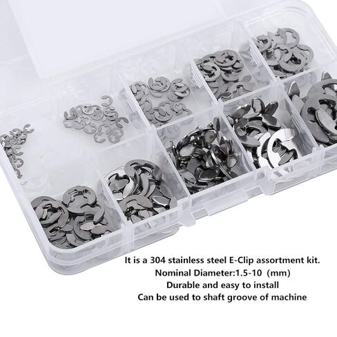 304 Stainless Steel E Clip Retaining Snap Ring Circlip Kit, Silver 1.5-10mm, and Easy to Install, Can be Used for Shaft Grooves of Machines in Saudi Arabia