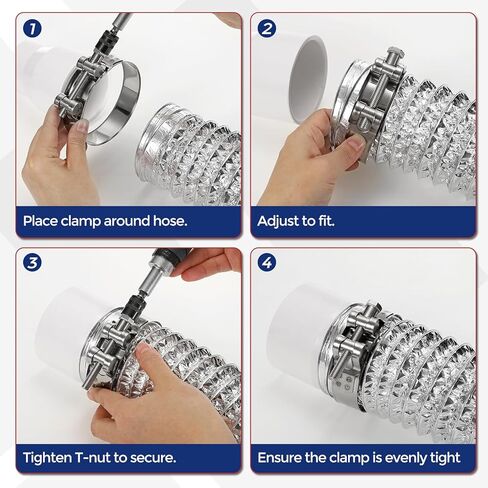2Pcs 304 Stainless Steel T-Bolt Hose Clamp, Adjustable OD Range 4.4" to 4.8" (113-121mm) Heavy Duty Pipe Strap Clamp, Metal Fuel Line Clamping for Automotive, Plumbing, Industrial in Kuwait