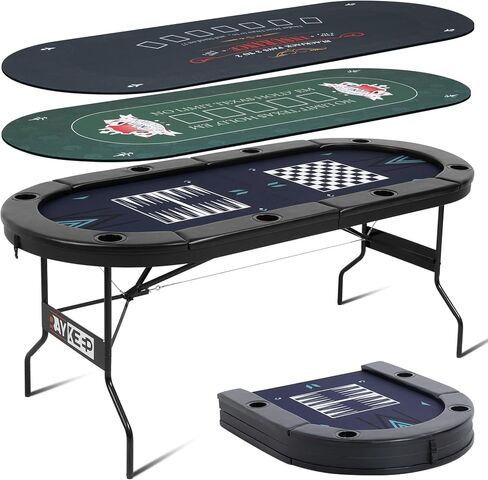 4-in-1 Poker Table Foldable, 8 Player Folding Poker Table w/Interchangeable Texas Holdem/Blackjack Game Mat & Built-in Chess/Backgammon Board, Portable Game Table for Home Party（72inch in Kuwait