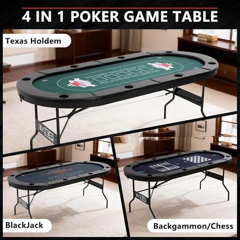 4-in-1 Poker Table Foldable, 8 Player Folding Poker Table w/Interchangeable Texas Holdem/Blackjack Game Mat & Built-in Chess/Backgammon Board, Portable Game Table for Home Party（72inch in Kuwait
