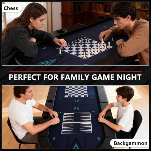 4-in-1 Poker Table Foldable, 8 Player Folding Poker Table w/Interchangeable Texas Holdem/Blackjack Game Mat & Built-in Chess/Backgammon Board, Portable Game Table for Home Party（72inch in Kuwait