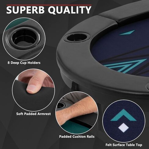 4-in-1 Poker Table Foldable, 8 Player Folding Poker Table w/Interchangeable Texas Holdem/Blackjack Game Mat & Built-in Chess/Backgammon Board, Portable Game Table for Home Party（72inch in Kuwait