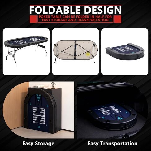 4-in-1 Poker Table Foldable, 8 Player Folding Poker Table w/Interchangeable Texas Holdem/Blackjack Game Mat & Built-in Chess/Backgammon Board, Portable Game Table for Home Party（72inch in Kuwait