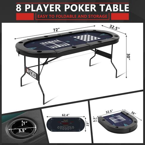 4-in-1 Poker Table Foldable, 8 Player Folding Poker Table w/Interchangeable Texas Holdem/Blackjack Game Mat & Built-in Chess/Backgammon Board, Portable Game Table for Home Party（72inch in Kuwait