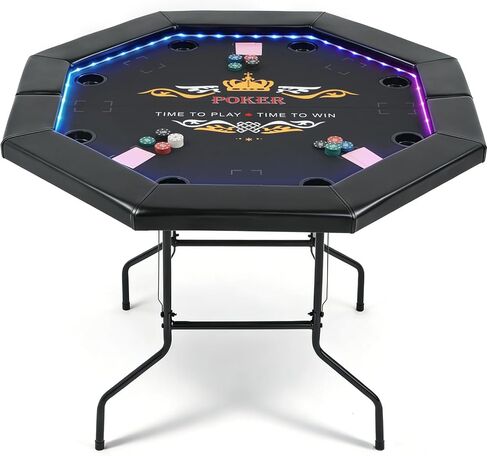 LED Poker Table for 8 Players, 48" Foldable Octagonal Casino Table for Home Game Room, Folding Texas Holdem Board Game Table with Built-in Dual-Color LED Light & Padded Armrest & Cup Holders in Kuwait