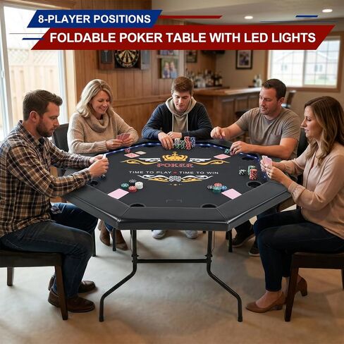 LED Poker Table for 8 Players, 48" Foldable Octagonal Casino Table for Home Game Room, Folding Texas Holdem Board Game Table with Built-in Dual-Color LED Light & Padded Armrest & Cup Holders in Kuwait