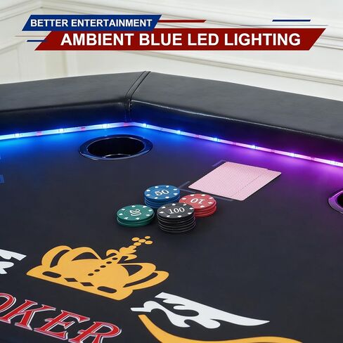 LED Poker Table for 8 Players, 48" Foldable Octagonal Casino Table for Home Game Room, Folding Texas Holdem Board Game Table with Built-in Dual-Color LED Light & Padded Armrest & Cup Holders in Kuwait