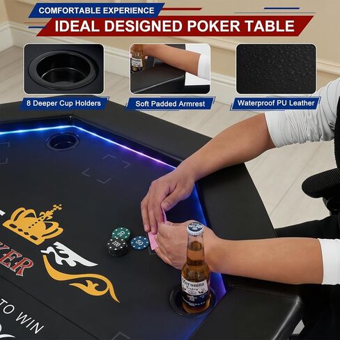 LED Poker Table for 8 Players, 48" Foldable Octagonal Casino Table for Home Game Room, Folding Texas Holdem Board Game Table with Built-in Dual-Color LED Light & Padded Armrest & Cup Holders in Kuwait