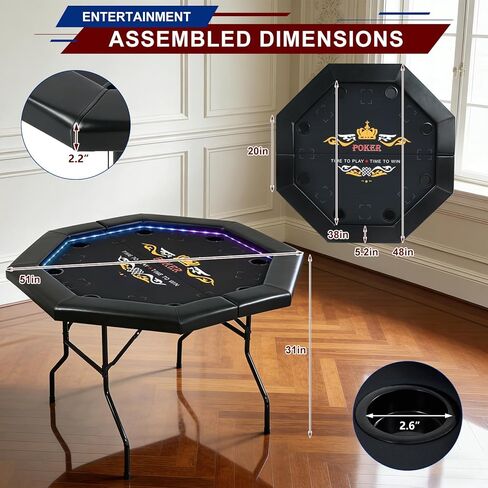 LED Poker Table for 8 Players, 48" Foldable Octagonal Casino Table for Home Game Room, Folding Texas Holdem Board Game Table with Built-in Dual-Color LED Light & Padded Armrest & Cup Holders in Kuwait