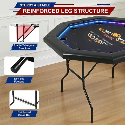 LED Poker Table for 8 Players, 48" Foldable Octagonal Casino Table for Home Game Room, Folding Texas Holdem Board Game Table with Built-in Dual-Color LED Light & Padded Armrest & Cup Holders in Kuwait
