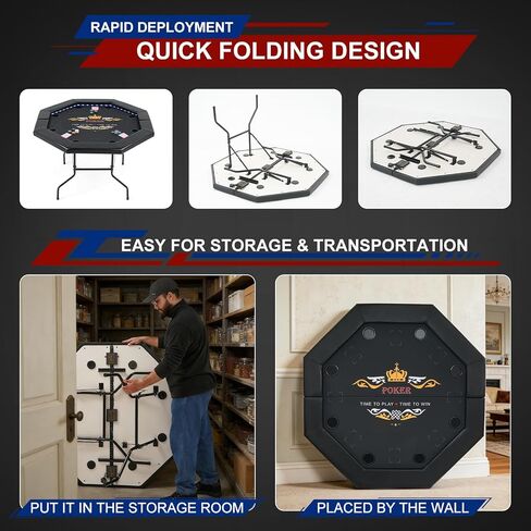 LED Poker Table for 8 Players, 48" Foldable Octagonal Casino Table for Home Game Room, Folding Texas Holdem Board Game Table with Built-in Dual-Color LED Light & Padded Armrest & Cup Holders in Kuwait