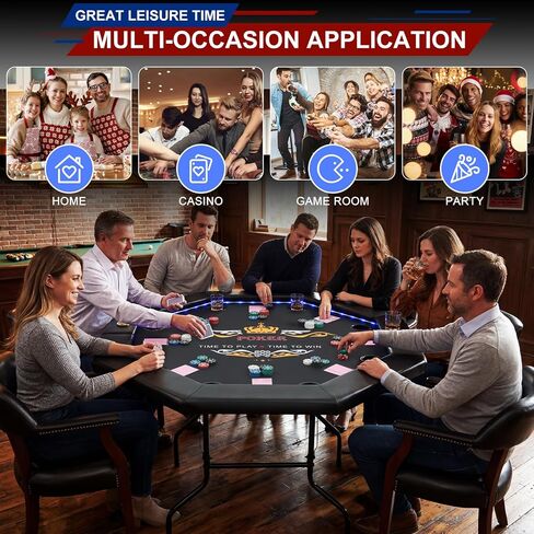 LED Poker Table for 8 Players, 48" Foldable Octagonal Casino Table for Home Game Room, Folding Texas Holdem Board Game Table with Built-in Dual-Color LED Light & Padded Armrest & Cup Holders in Kuwait