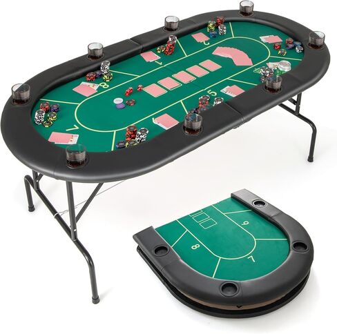 Giantex 72" Poker Table Foldable, 8 Player Folding Card Board Game Table w/ 8 Cup Holders, Casino-Grade Felt Surface, Portable Oval Texas Holdem Poker Tables for Blackjack Casino, No Assembly Required in Saudi Arabia