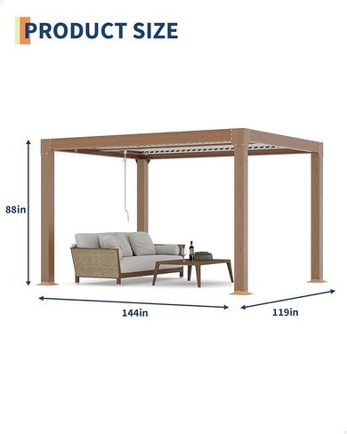 عريشة من الألومنيوم مقاس 10 × 12 لسطح الفناء، وشرفة ذات سطح صلب قابلة للتعديل مع تصريف، وهيكل خارجي مقاوم للصدأ، ومأوى مناسب لجميع الأحوال الجوية للفناء الخلفي، وإطار مقوى، وطبقة نهائية من الحبوب الخشبية in Kuwait