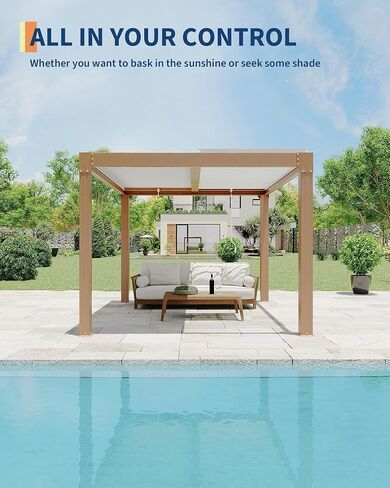 عريشة من الألومنيوم مقاس 10 × 12 لسطح الفناء، وشرفة ذات سطح صلب قابلة للتعديل مع تصريف، وهيكل خارجي مقاوم للصدأ، ومأوى مناسب لجميع الأحوال الجوية للفناء الخلفي، وإطار مقوى، وطبقة نهائية من الحبوب الخشبية in Kuwait