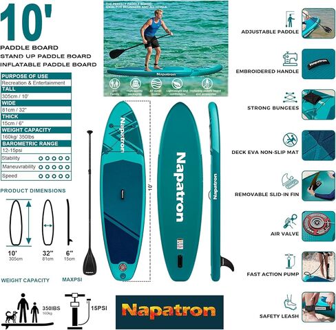 لوح التجديف القابل للنفخ من Napatron Family، سوب، تصميم واسع ومستقر، سعة 350 رطل، حزمة كاملة من لوح التجديف مع مضخة عمل سريعة، مقود، مثالية للمبتدئين/الشباب وجميع مستويات المهارات in Saudi Arabia