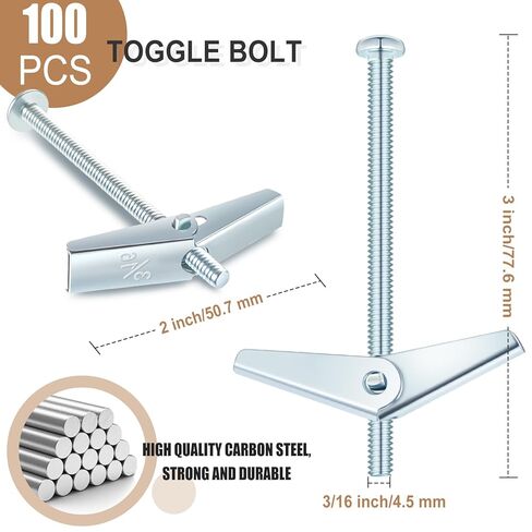 100 Pcs 3/16" x 3" Toggle Bolts Butterfly Screws Anchors Heavy Duty Wall Anchors for Drywall with Wing Nuts for Hanging Heavy Objects on Drywall in Saudi Arabia