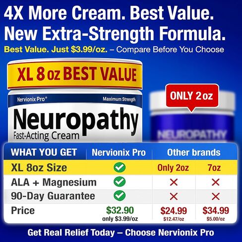 Neuropathy Nerve Relief Cream – Extra Large 8 oz – Maximum Strength for Feet Hands Legs Toes Back – Natural Ingredients Arnica Aloe Vera MSM Vitamins – Fast-Acting Soothing Relief – Super Value 8 oz in Kuwait