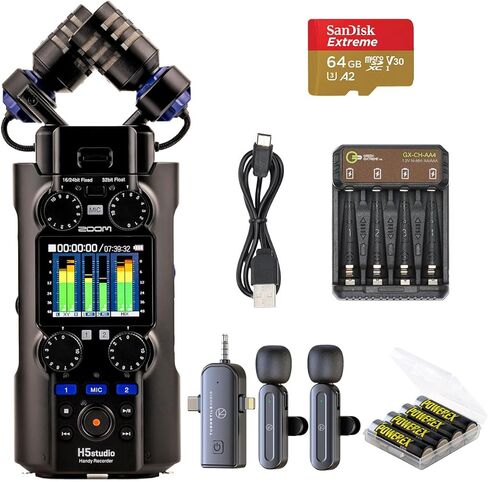 جهاز تسجيل Zoom H5studio 6-Track 32-Bit Float Handy، حزمة مع ميكروفون لاسلكي 3 في 1، بطاقة ذاكرة UHS-I SDXC سعة 64 جيجابايت، 4 بطاريات AA NiMH، شاحن 4 فتحات in Saudi Arabia