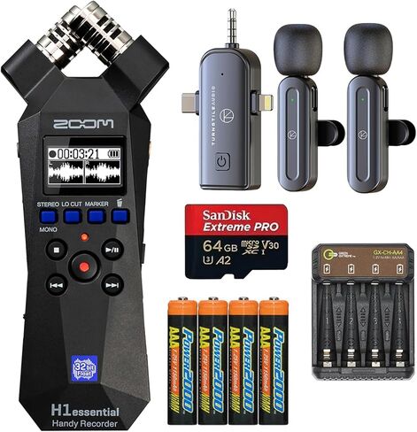 Zoom H1essential 2-Track 32-Bit Float Handy Recorder, Bundle with 3-in-1 Wireless Lavalier Mic, 64GB microSDXC Memory Card, 4x AAA Ni-MH Battery, 4-Bay Charger in Saudi Arabia