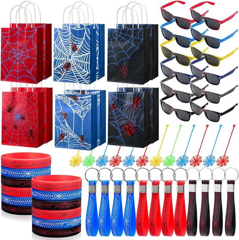 60 PCS Spider Party Favors تشمل النظارات الشمسية العنكبوت ، وحقائب حمل الهدايا على شبكة الإنترنت ، وأساور مطاطية باللونين الأحمر الأزرق ، وسلاسل المفاتيح السيليكون والشبكات اللاصقة لزخرفة حزب البطل الهزلي عيد ميلاد in Kuwait