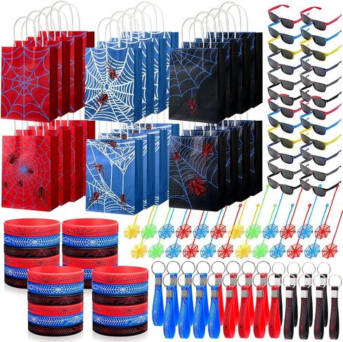 60 Pcs Spider Party Favors Include Spider Sunglasses, Web Gift Tote Bags, Blue Red Black Rubber Wristbands, Silicone Keychains and Sticky Webs for Birthday Comic Hero Party Decoration in Saudi Arabia