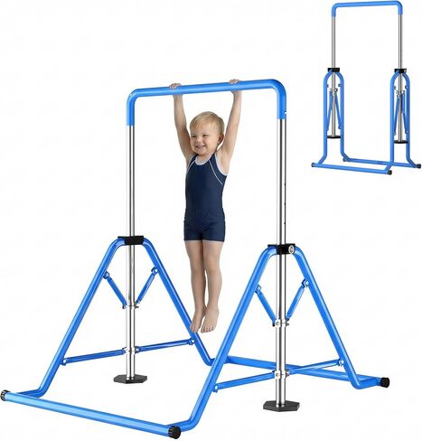 Expandable Kids Gymnastics Kip Bar - Folding Adjustable Height 44''-60'', 300LBS Weight Limit, Heavy-Duty Steel Frame, Home Indoor Training Bar for Kids Ages 3-13, Gift for Young Gymnasts (Blue) in Saudi Arabia